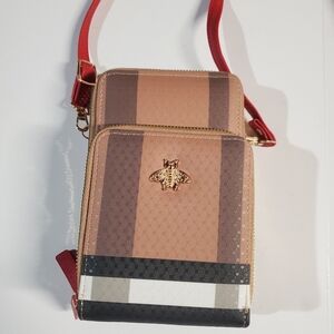 Chic Tan and Red Crossbody Bag with Bee Gold Accent